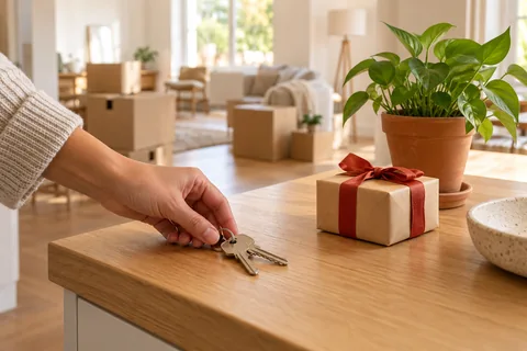 Llaves sobre una mesa junto a una caja de mudanza y una planta