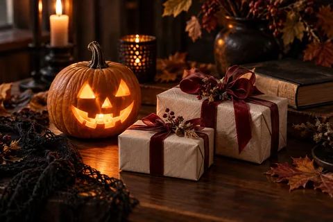 Calabaza iluminada junto a regalos envueltos con cintas rojas; escena editorial de Halloween