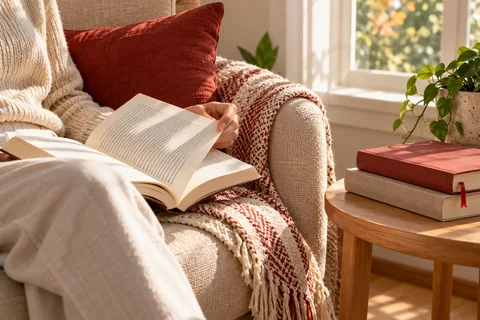 Una persona lee en un sillón junto a varios libros