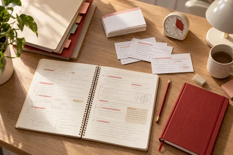 Apuntes, fichas y temporizador en una mesa de estudio